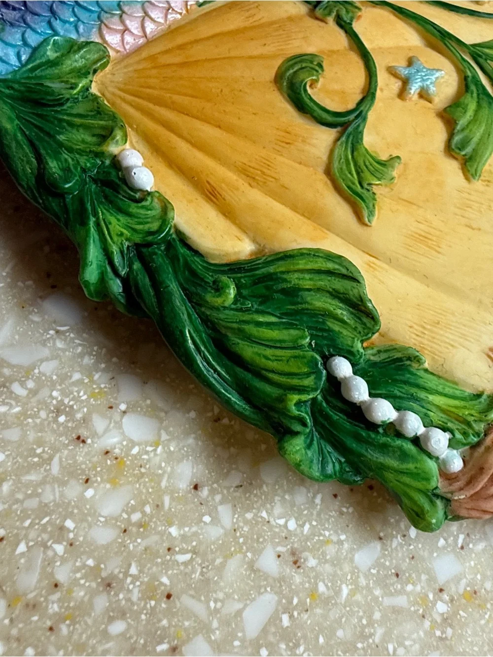Mermaid Scale Hand Mirror with Green Leaf Accents